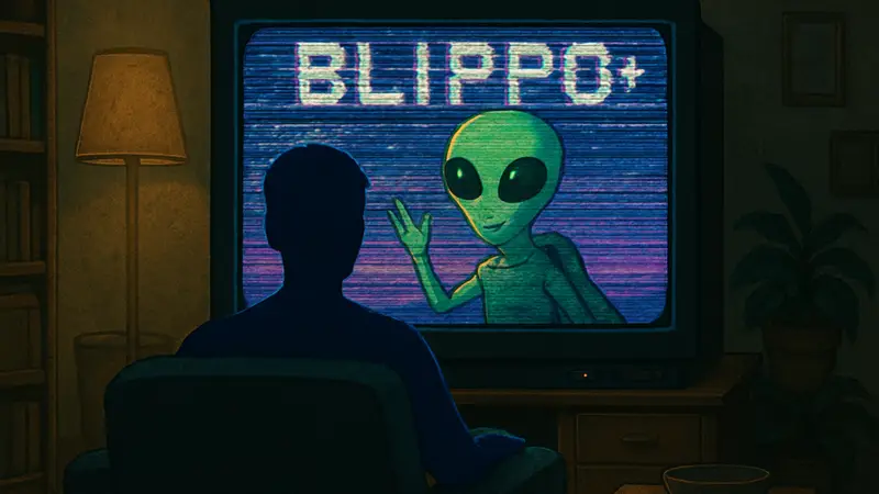 Изображение из игры Blippo+, демонстрирующее кадры FMV в ретро-стиле с помехами на экране.
