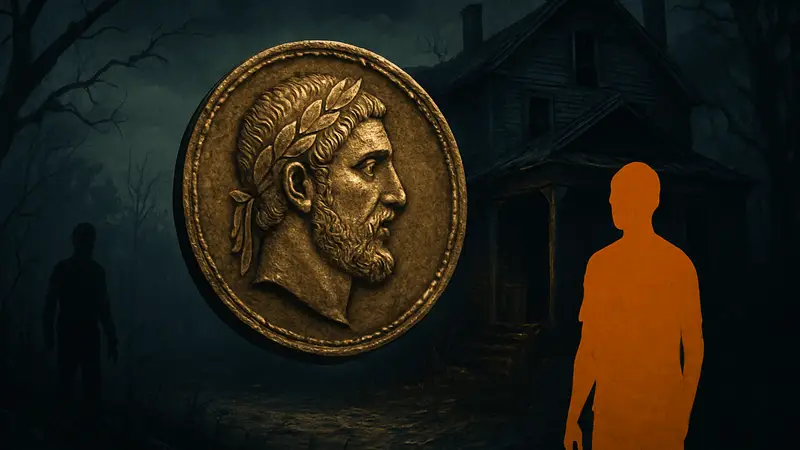 Изображение античной монеты в Resident Evil 7, окруженной элементами хоррора и загадочности.