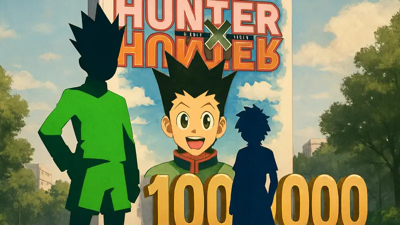 Главные герои манги Hunter x Hunter, Гон Фрикс и Киллуа Золдик, на обложке, символизирующей рекорд продаж.