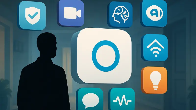 Логотип Ring и иконки приложений, символизирующие расширение функционала умного дома с ИИ.