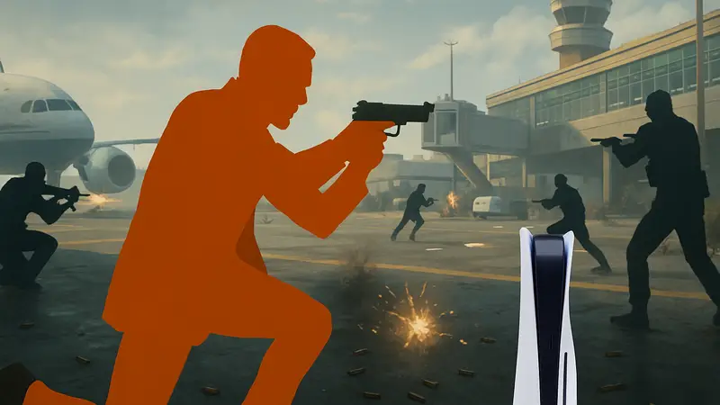 Геймплей игры 007 First Light с интенсивной перестрелкой в аэропорту, работающий на PlayStation 5 Pro.