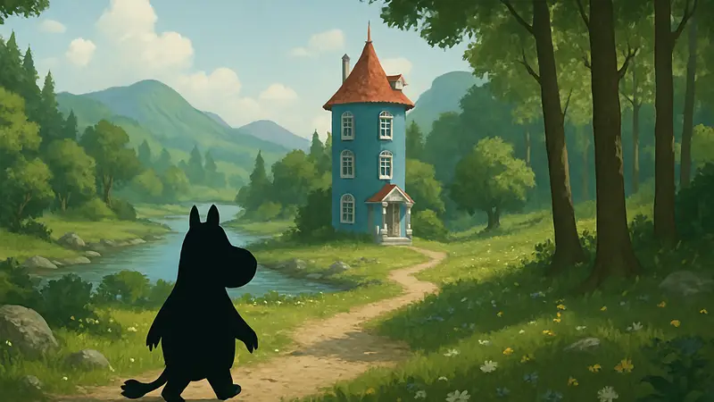 Скриншот игры про Муми-троллей, Муми-тролль гуляет по живописному Муми-долу, новая игра