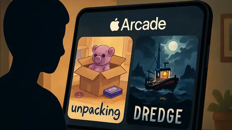 Обложки игр Unpacking и Dredge рядом с логотипом Apple Arcade на мобильном устройстве.