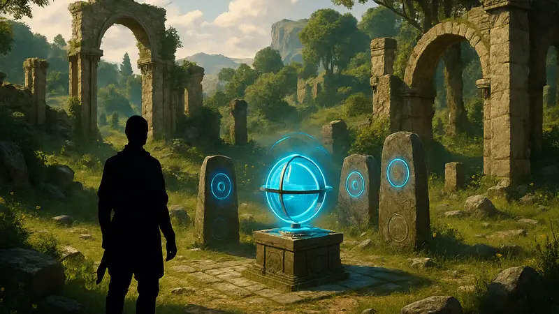 Вид на локацию Thinker's Meadow в игре Crimson Desert с элементами головоломки