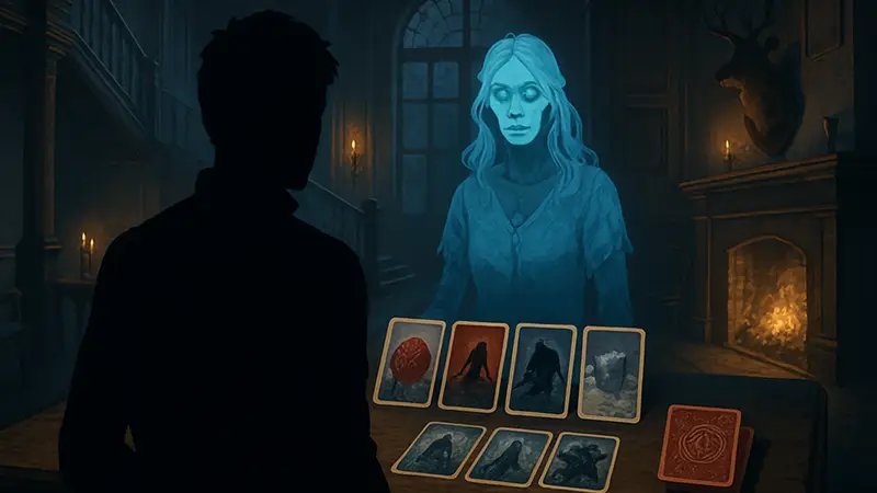 Скриншот из игры The Killing Stone, показывающий интерфейс карточного баттлера в арктическом особняке