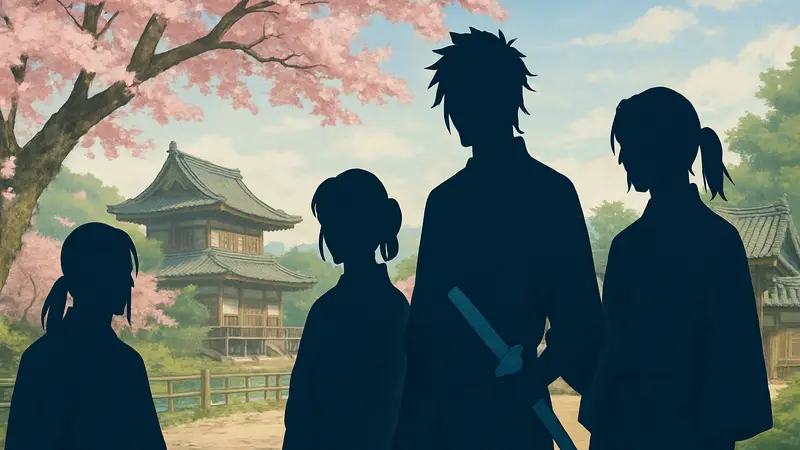 Главные герои отомэ-игры Hakuoki Memoirs: Drifting Clouds на фоне сакуры и древней Японии.