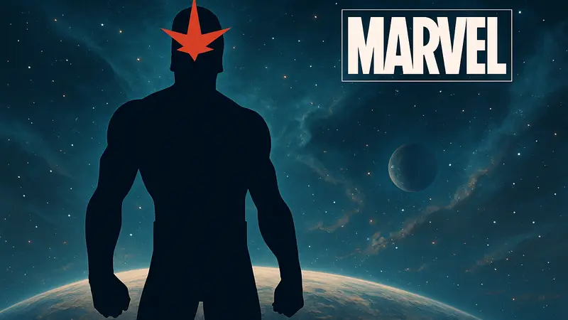 Супергерой Нова из комиксов Marvel, стоящий на фоне космического пейзажа с логотипом Marvel.
