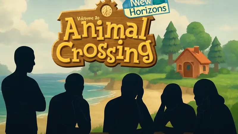 Логотип Animal Crossing: New Horizons на фоне острова с разочарованными фанатами