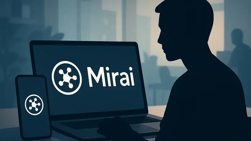 Логотип Mirai на фоне смартфона и ноутбука, символизирую