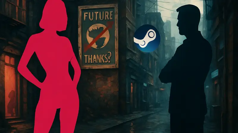 Обложка инди-игры Future? No Thanks! с намёком на откровенный контент, задержка Steam