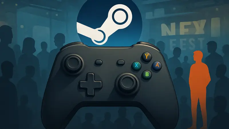 Игровой контроллер на фоне логотипа Steam Next Fest, символизирующий обилие демоверсий.