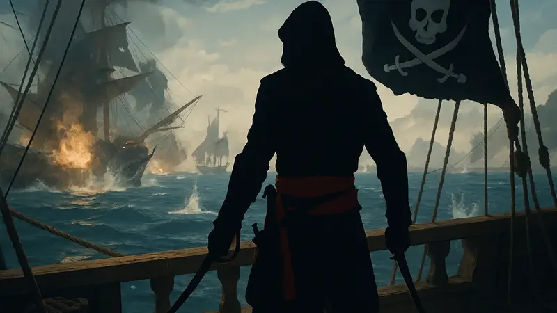 Эдвард Кенуэй из Assassin's Creed Black Flag на палубе корабля, на фоне морского сражения