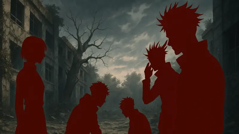 Персонажи из аниме Jujutsu Kaisen, возможно, в драматический момент, предвещающий финал