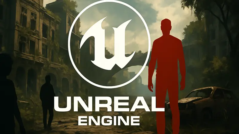 Логотип Unreal Engine 5 на фоне скриншота из игры с плохой оптимизацией.