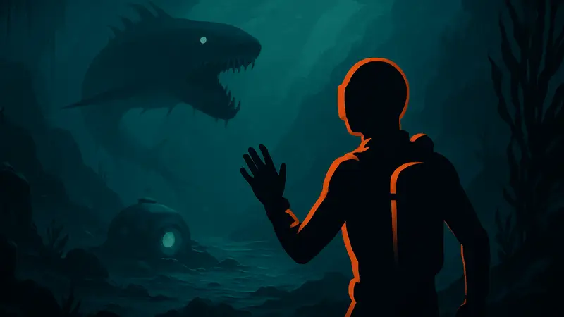 Напряжённый момент из пролога Subnautica 2, с тёмными подводными пейзажами и намёком на опасность.