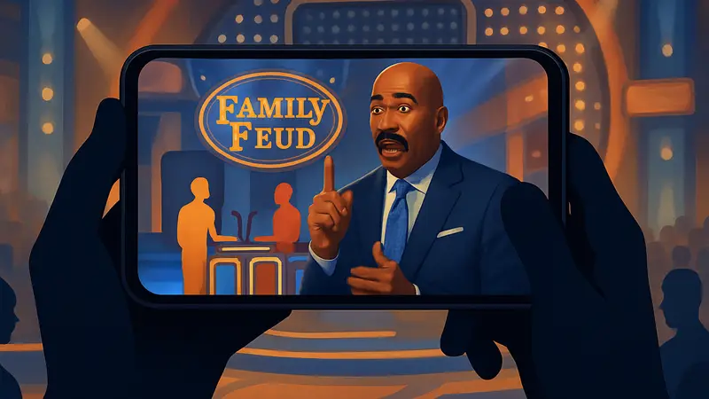 Скриншот Family Feud Pocket на Apple Arcade: Стив Харви комментирует ответы игроков в мобильной игре.