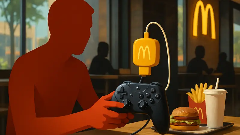 Устройство McDonald's Archie, подключённое к геймпаду, с логотипом McDonald's.