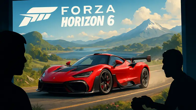 Логотип Forza Horizon 6, скриншот из игры с гоночной машиной на фоне красивого пейзажа, игровой процесс