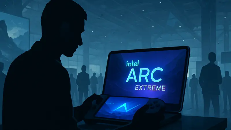 Игровой портативный ПК с логотипом Intel Arc Extreme на экране, демонстрирующий высокую производительность.