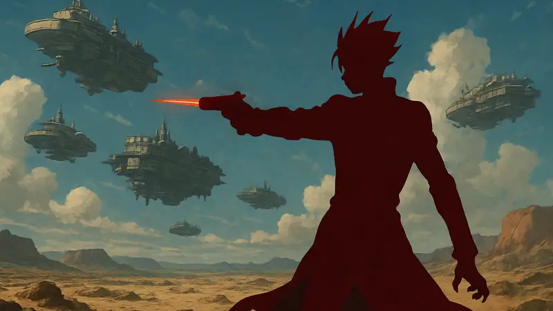 Кадр из аниме TRIGUN STAMPEDE, Найфс Миллионс на фоне флота иммигрантов, угрожающий им.