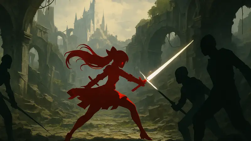 Главная героиня Homura Hime в бою, стилизованный арт игры, экшен Nier-подобный
