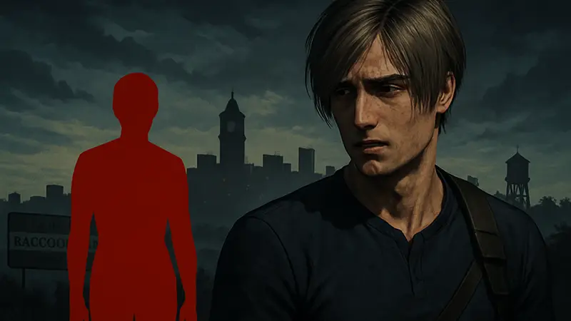 Леон С. Кеннеди из Resident Evil Requiem с тревожным выражением лица, на фоне силуэт Раккун-Сити