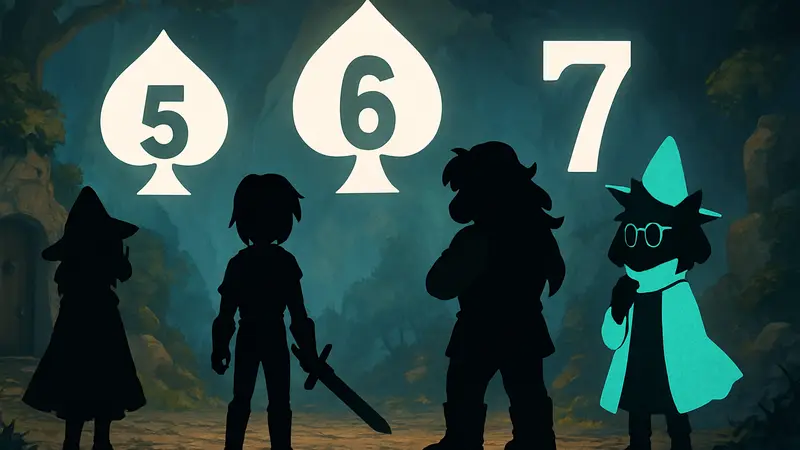 Иллюстрация с персонажами игры Deltarune на фоне логотипов глав 5, 6 и 7, символизирующая ход разработки.