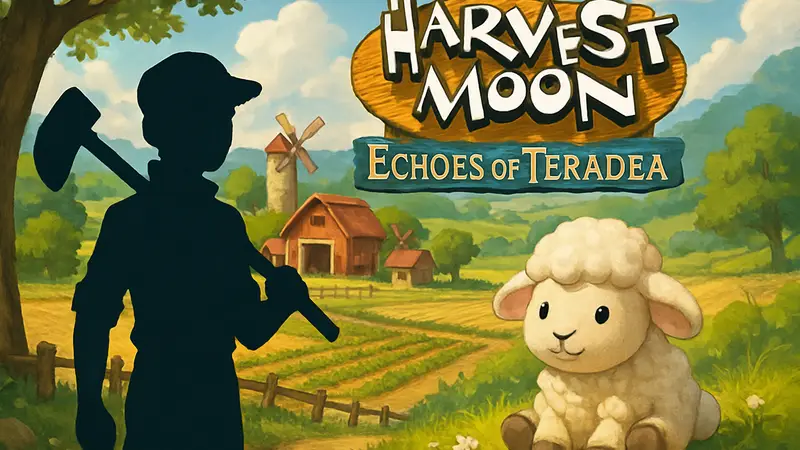 Обложка игры Harvest Moon: Echoes of Teradea с фермерскими элементами и плюшевой овечкой