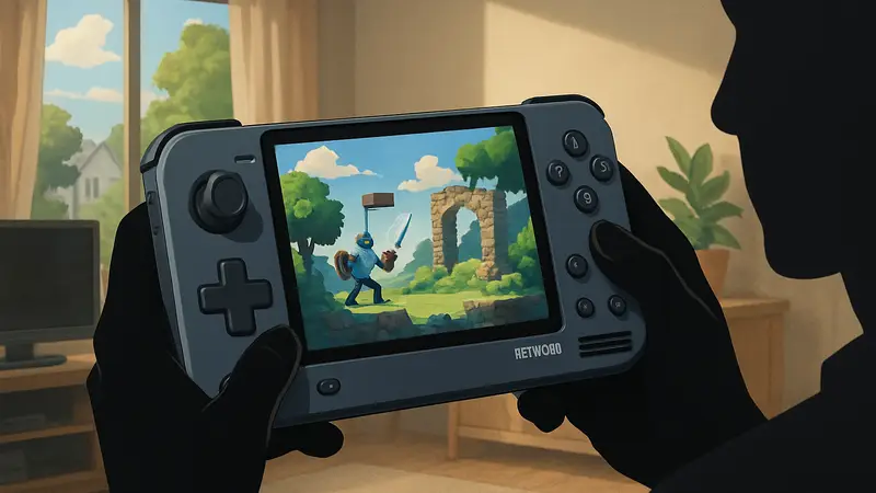Портативная игровая консоль Retroid Pocket Nova в руках, запускающая игру