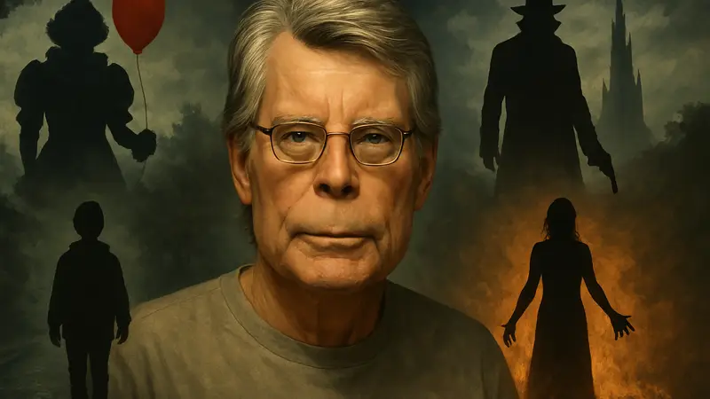 Постер с изображением Стивена Кинга на фоне кадров из лучших киноадаптаций его книг.
