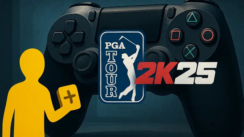 Логотип PGA Tour 2K25 на фоне геймпада PlayStation, символизирующий утечку PS Plus.