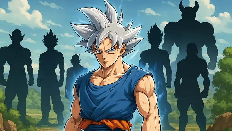 Гоку в режиме Ультра Инстинкта с другими персонажами Dragon Ball на фоне