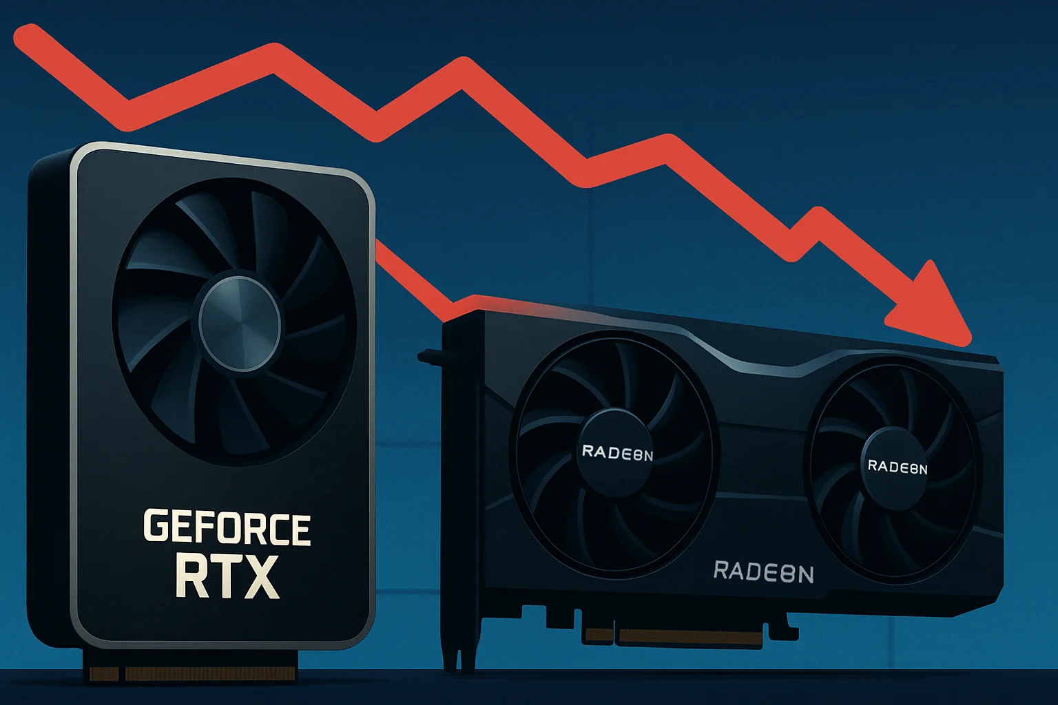 Графики продаж видеокарт NVIDIA GeForce RTX 5070 Ti и AMD Radeon RX 9070 XT, показывающие падение.