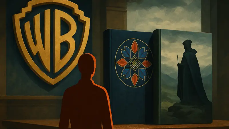 Логотип Warner Bros. и обложки книг Толкина «Сильмариллион» и «Неоконченные предания».
