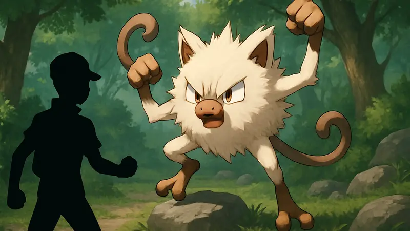 Изображение покемона Манки (Mankey) из вселенной Pokémon, показывающее его характер.