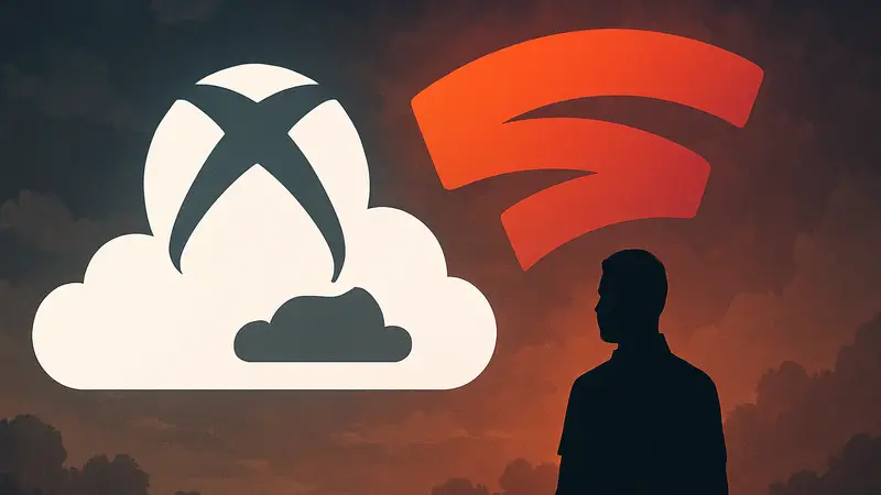 Логотип Xbox с облаком и намёком на облачный гейминг, на фоне логотип Stadia