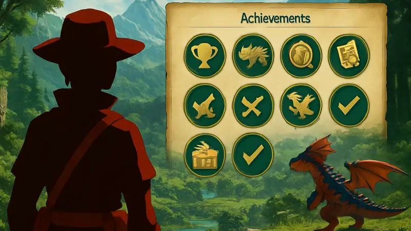 Игры: Скриншот из Monster Hunter Stories 3 с отображением достижений.
