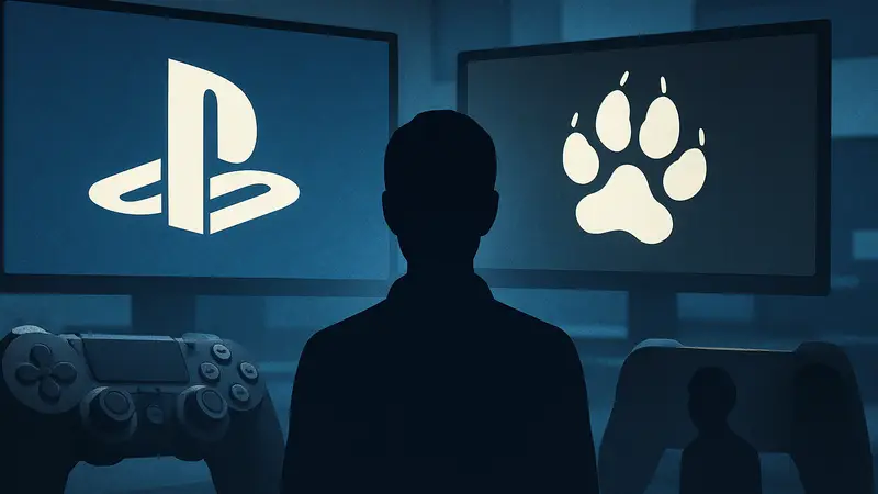 Логотипы Sony PlayStation и студии Naughty Dog на фоне геймпадов и экранов.