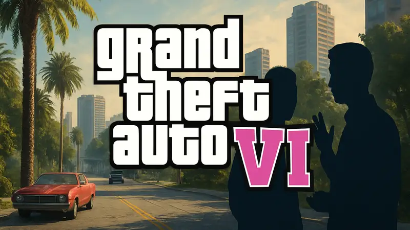 Логотип Grand Theft Auto 6 на фоне скриншота из игры, демонстрирующего детализированную графику.