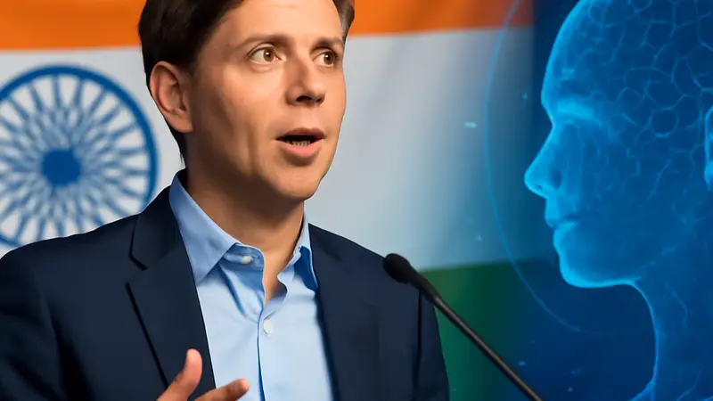 Сэм Альтман, глава OpenAI, выступает на конференции по искусственному интеллекту, на фоне индийского флага.