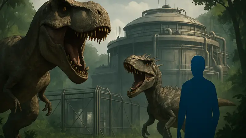 Изображение опасных динозавров и секретной лаборатории из DLC «Возрождение» для Jurassic World Evolution 3.