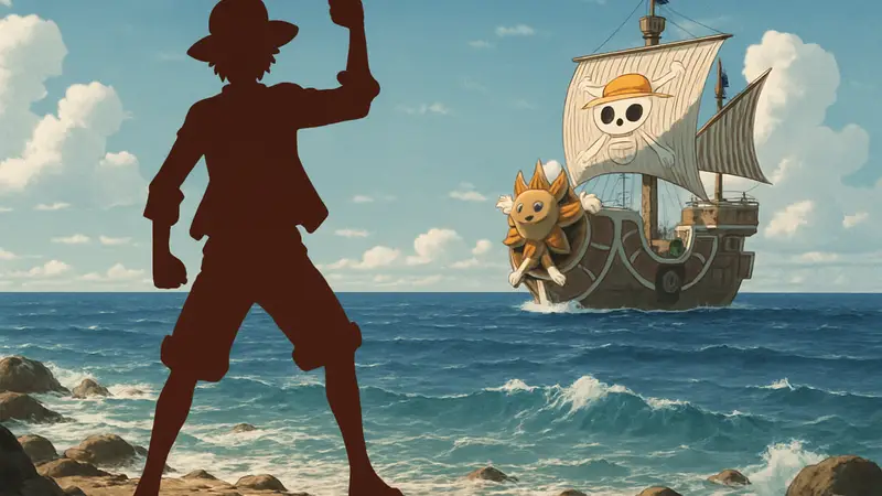 Главный герой аниме One Piece Луффи в характерной позе, на фоне моря и пиратского корабля