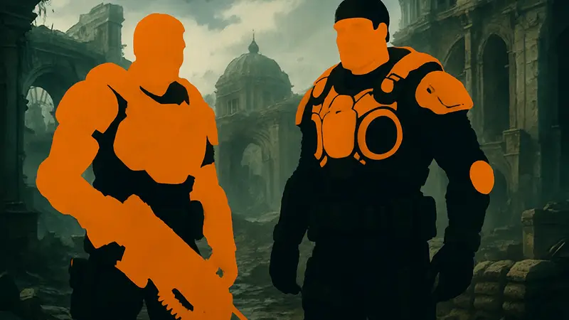 Кадры из игры Gears of War: E-Day с изображением молодых Маркуса Феникса и Доминика Сантьяго в новых костюмах.