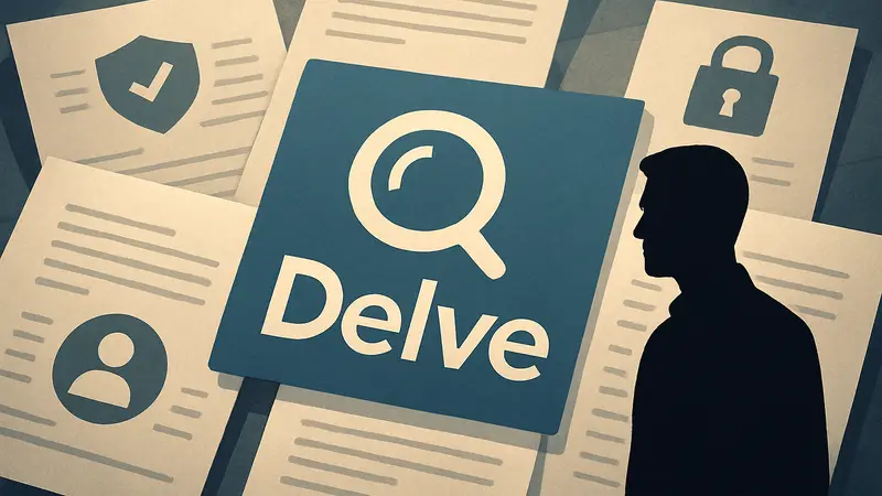 Логотип компании Delve на фоне документов с символами кибербезопасности