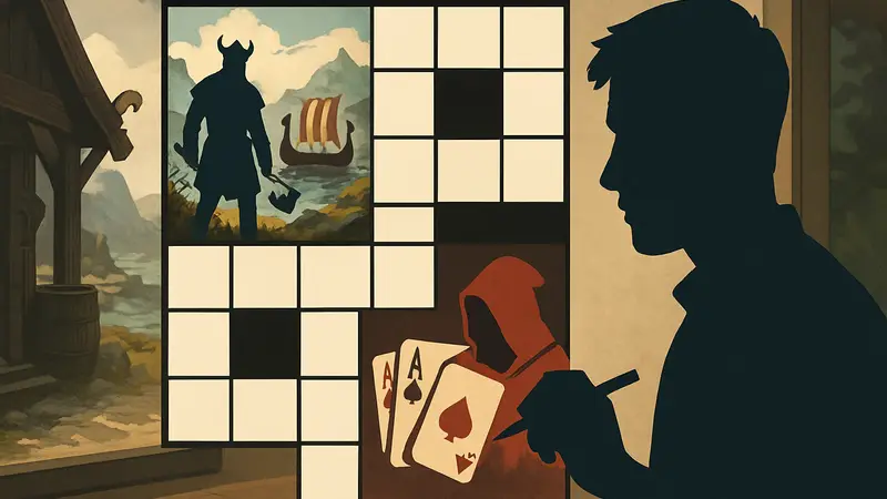 Мини-кроссворд GameRant с вопросами по игровым жанрам, включая выживание викингов и покерные рогалики.