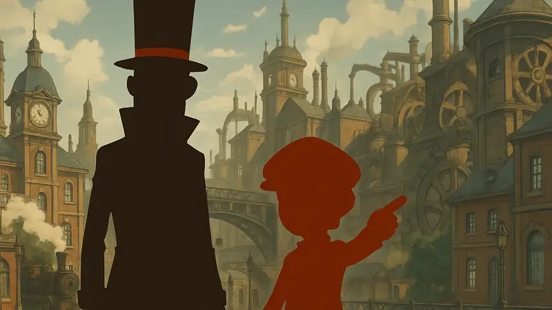 Профессор Лейтон и Люк в стимпанк-стиле из игры Professor Layton and The New World of Steam