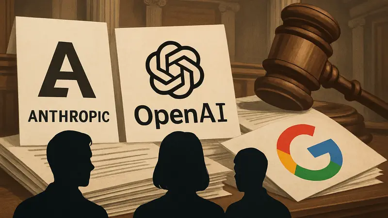 Логотипы Anthropic, OpenAI и Google на фоне судебных документов, символизирующие юридический спор в сфере ИИ.