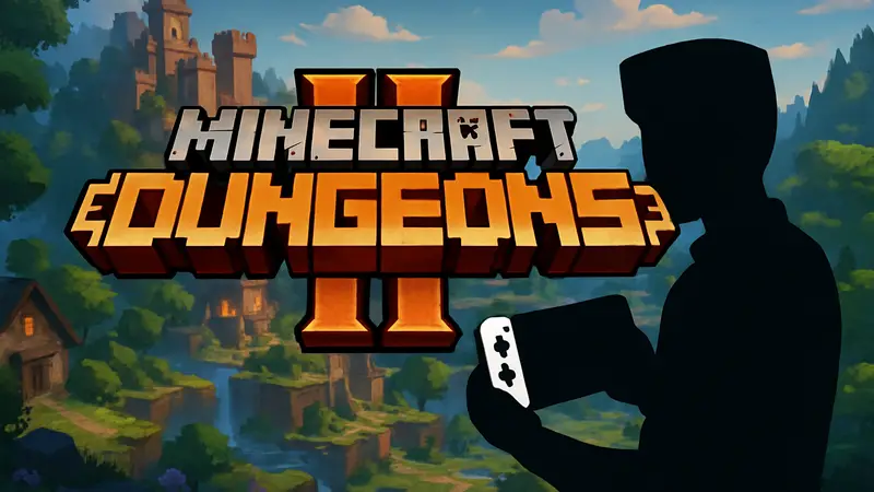Логотип Minecraft Dungeons II на фоне игрового мира, анонс игры для Nintendo Switch.