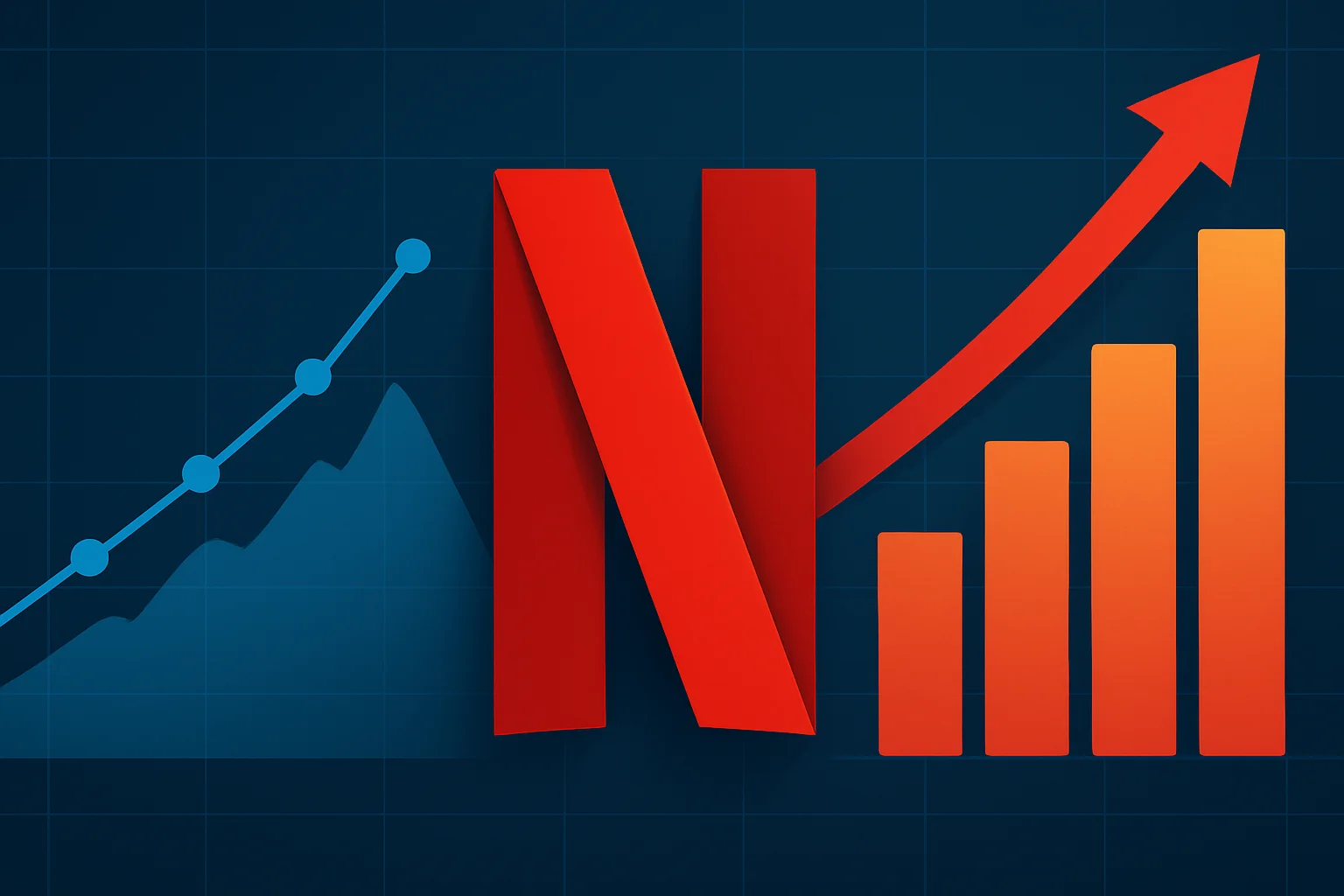 Логотип Netflix на фоне графиков роста подписчиков и доходов, символизирующих успех стриминговой платформы.