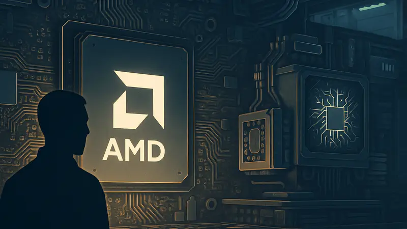 Логотип AMD на фоне микросхем или высокотехнологичного оборудования для ИИ.